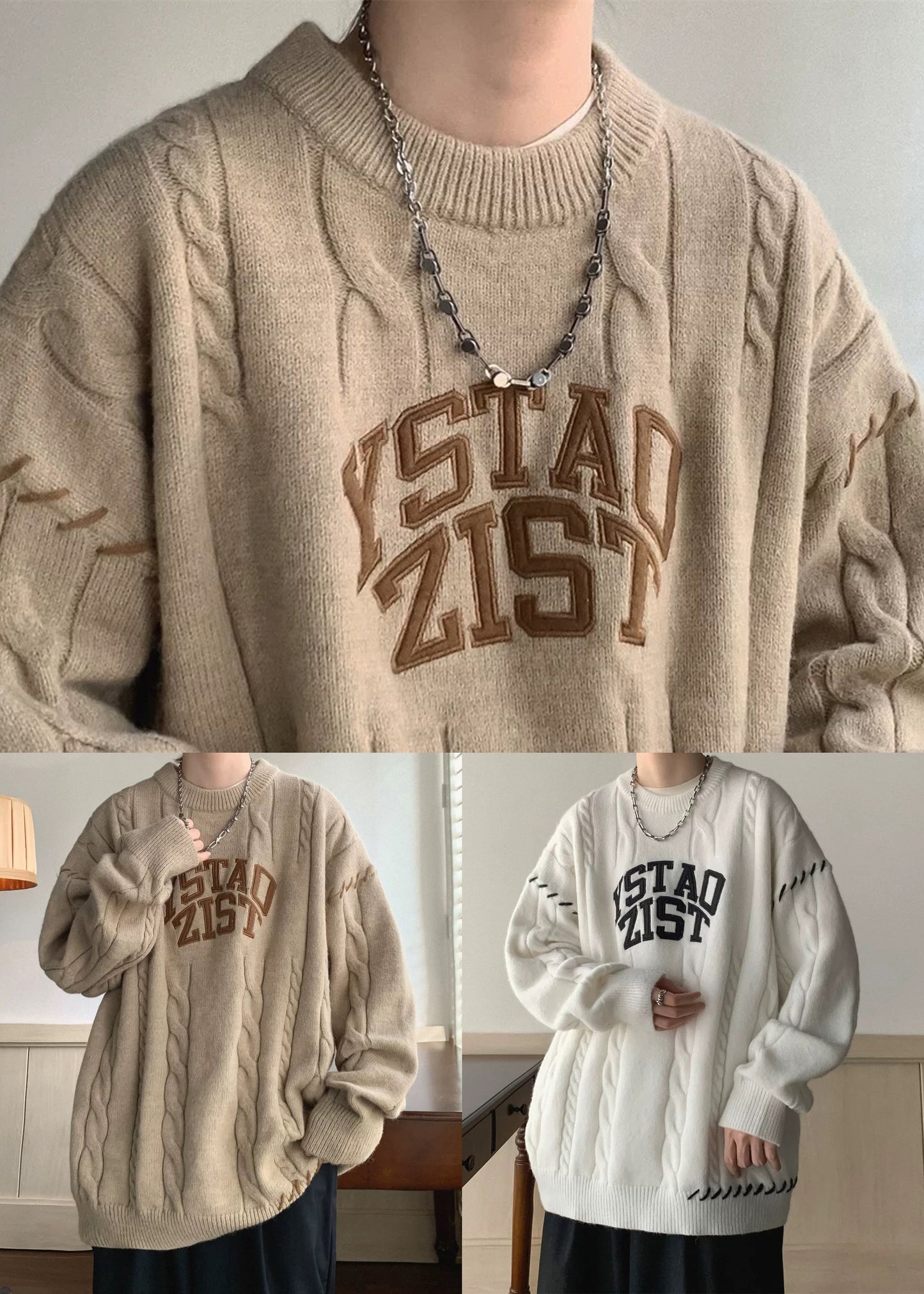 Simple Khaki O Neck Letter Cotton Knit Sweaters Winter Qf031