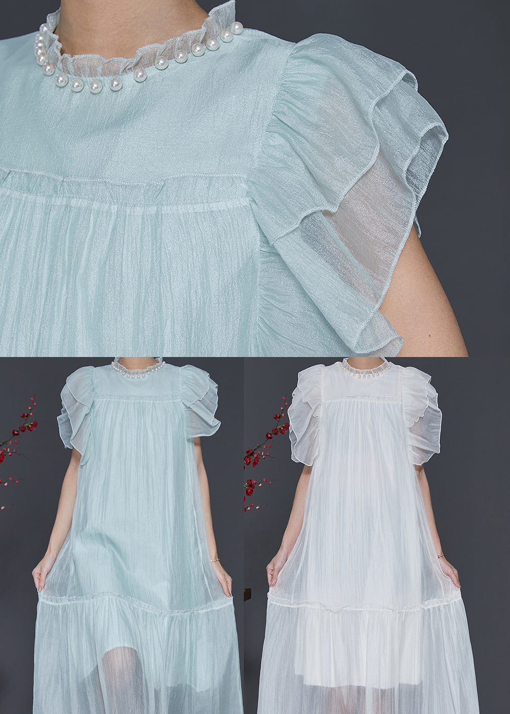 White Silk Long Dress Ruffled Nail Bead Petal Sleeve Sd1068