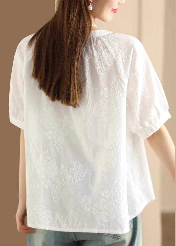 Apricot Embroidered Puff Sleeve Cotton Blouse Top Uu050