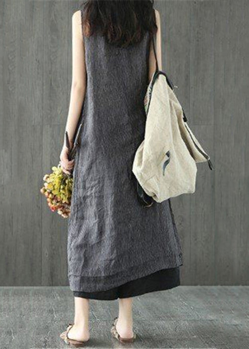 Black O Neck Pockets Linen Long Dresses Sleeveless Ff064