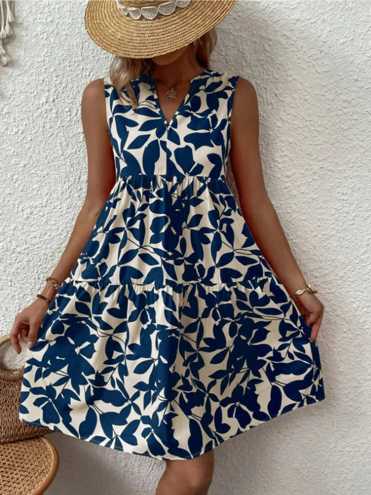 Print Mini Sleeveless Ruffle a Line Tank Beach Midi Dresses