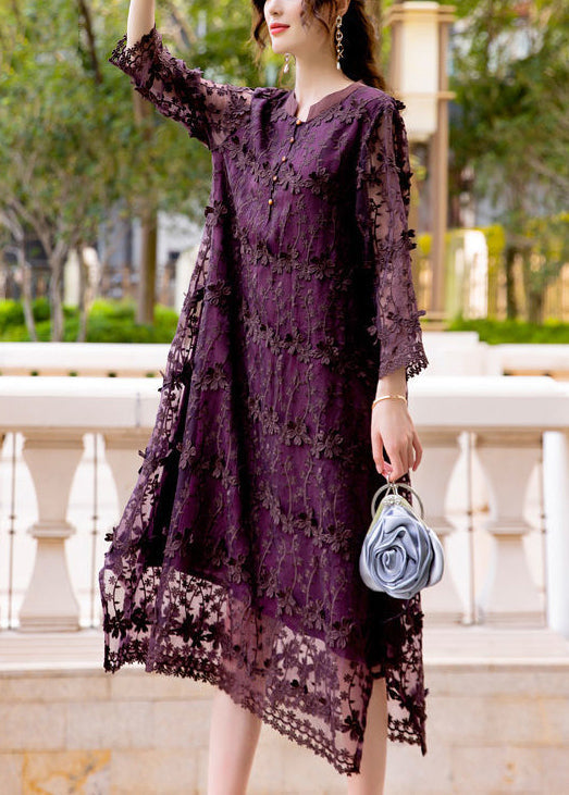 Dark Purple Embroideried Hollow Out Organza Long Dress Spring Ly0998