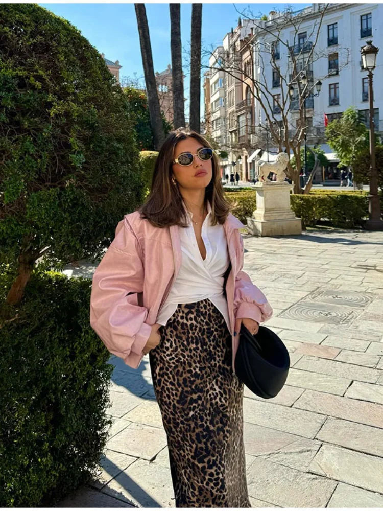 Pink Big Lapel Faux Zipper Long Sleeve Lady Coat