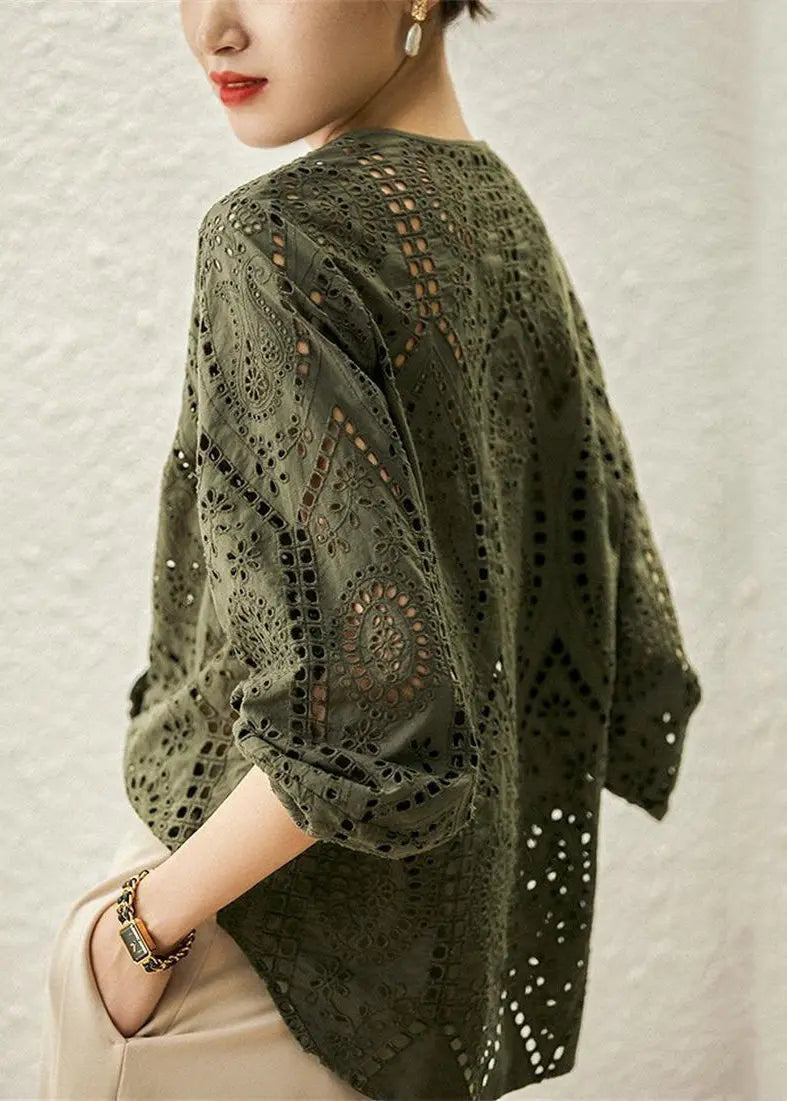 Light Khaki O Neck Hollow Out Cotton Blouses Long Sleeve G141