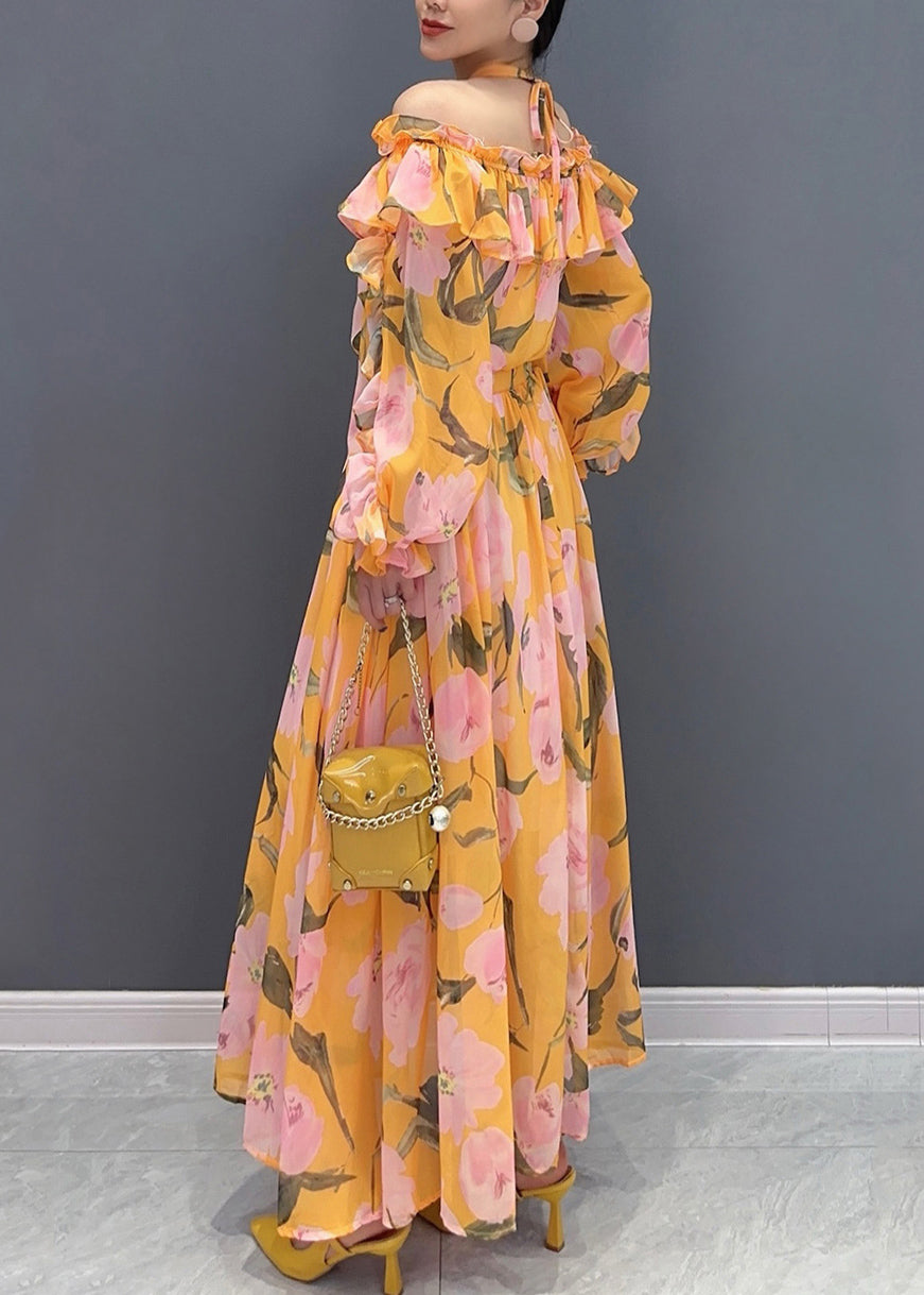 Orange Slash Neck Cold Shoulder Patchwork Long Dress Long Sleeve Ao1024