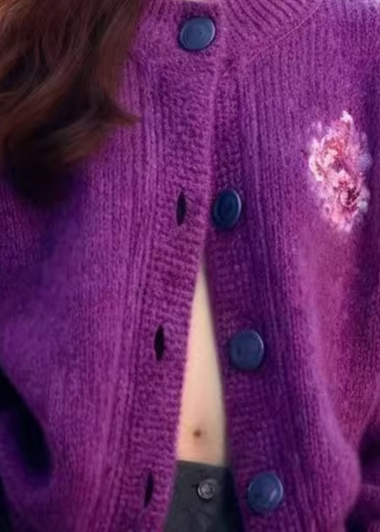 Purple O Neck Button Cozy Knit Cardigan Winter Wx019