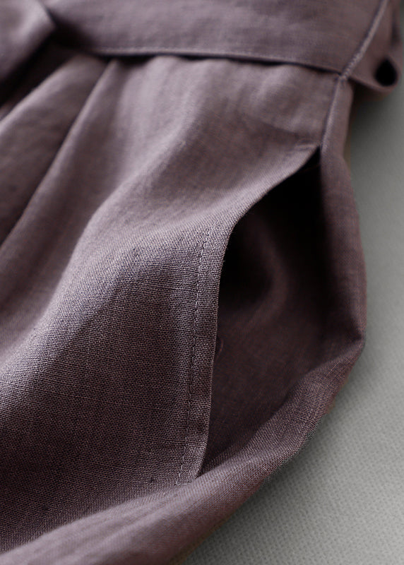 Purple O Neck Tie Waist Pockets Linen Long Dress Summer Ff044