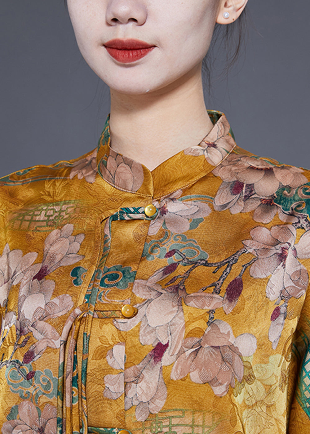 Yellow Stand Collar Patchwork Tassel Silk Blouses Half Sleeve Ly1856