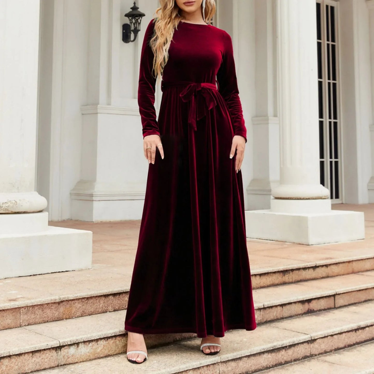 Autumn New Green Velvet Long Dress O-neck Lace-up Party Dress