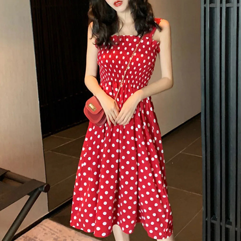 Summer Loose Polka Dot Shoulder Midi Dresses