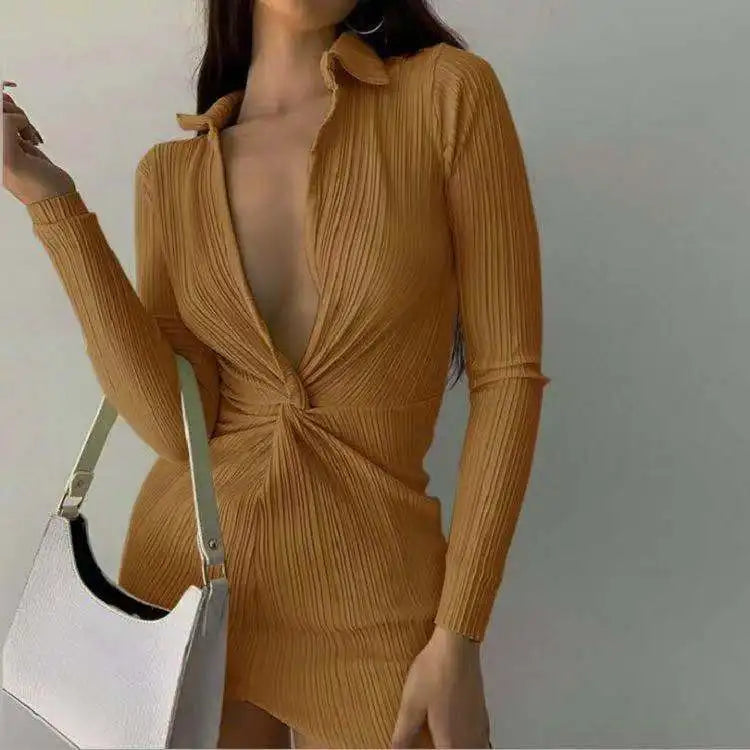 Pleated Splicing Low Cut Midi Dresses