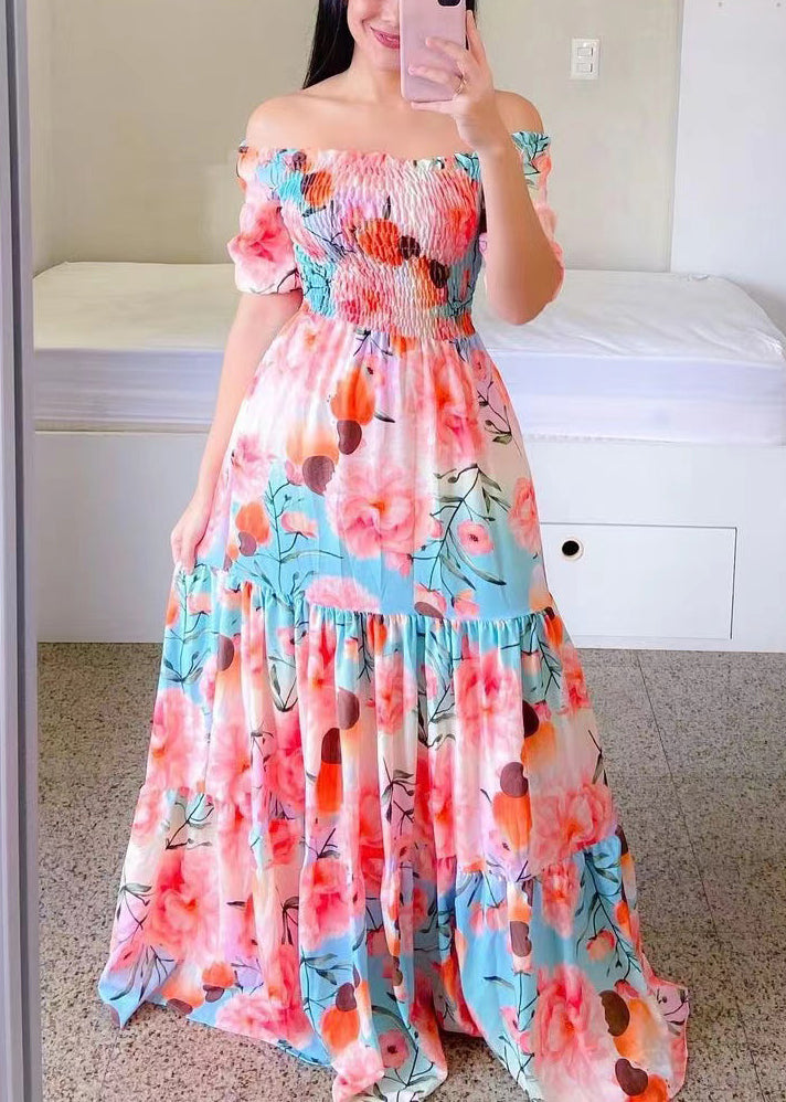 Yellow Print Cotton Long Dresses Wrinkled Short Sleeve Ww1064
