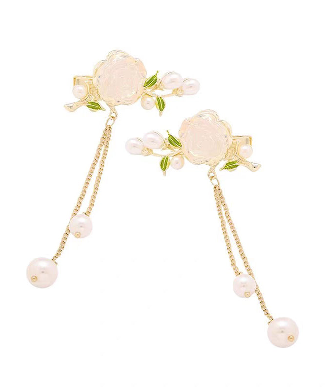 White Alloy Colored Glaze Camellia Pearl Tassel a Pair Hairpin