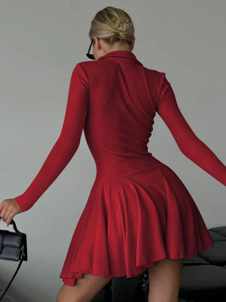 Lapel Autumn Mini Dress Female High Waist Slim Patchwork Skinny Party Dress ’s Bodycon Dress