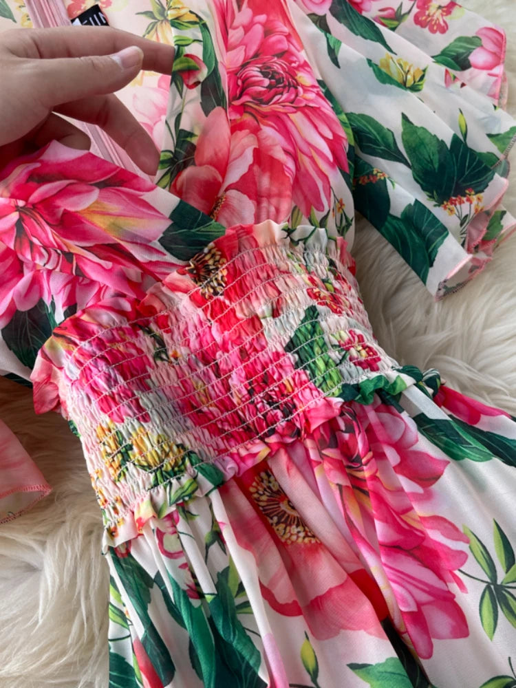Party Dress Chiffon Printed Long Dresses Short Sleeve V-neck Beach Maxi Dress Vestidos