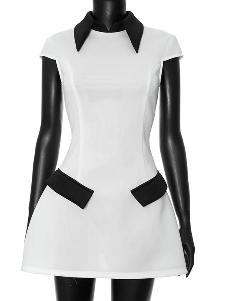 Summer Contrast Mini Dress for High Waist Patchwork Lapel Slim Dress Mini Dress