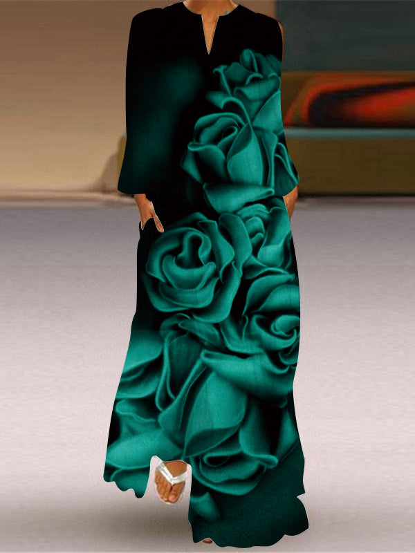 Long Sleeves Loose Printed Gradient V-neck Maxi Dresses