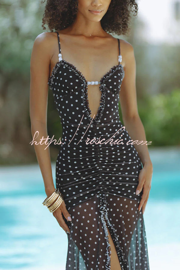 Kiata Polka Dot Beaded Cutout Ruffle Trim Front Ruched Slit Maxi Dress