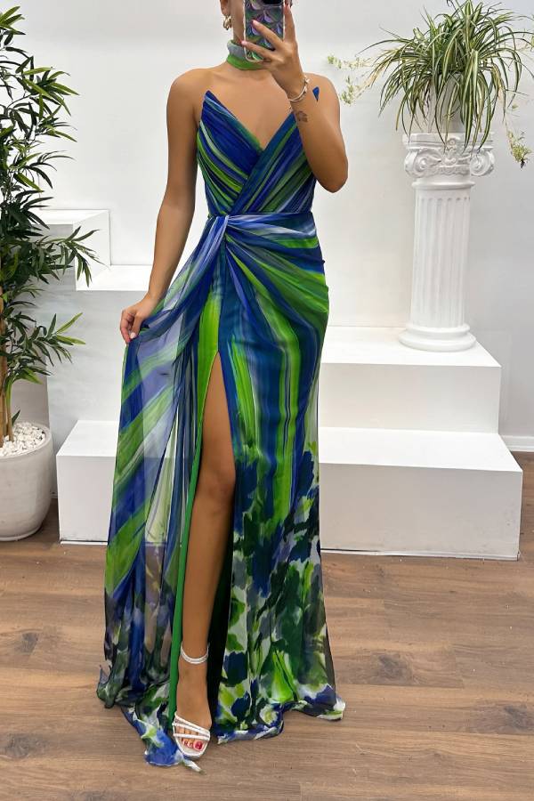 In a Dreamland Chiffon Print Off Shoulder Pleated Scarf Slit Maxi Dress