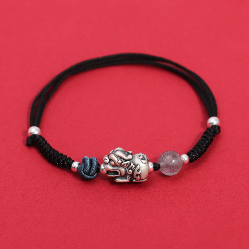 Buddha Stones 999 Sterling Silver Pixiu Strawberry Quartz Bead Wealth Luck Braided Bracelet
