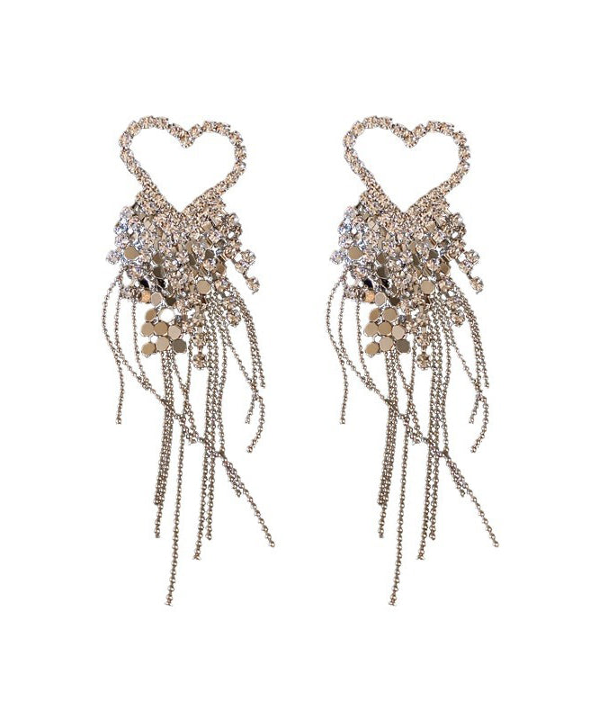 Silk Sterling Silver Zircon Love Tassel Drop Earrings