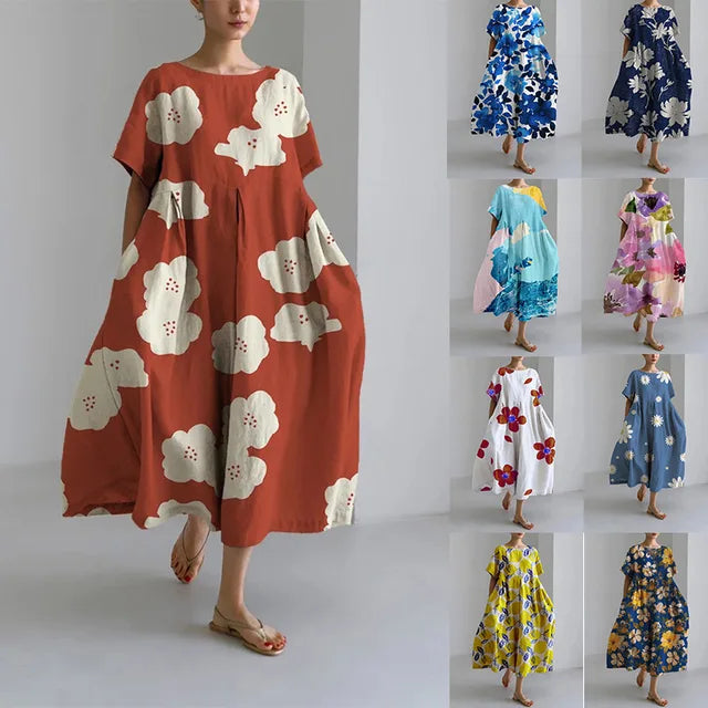 Summer New Color Flower Print Midi Dresses Folds Loose Short Sleeves Dress Lady Commuting Clothing Vestidos