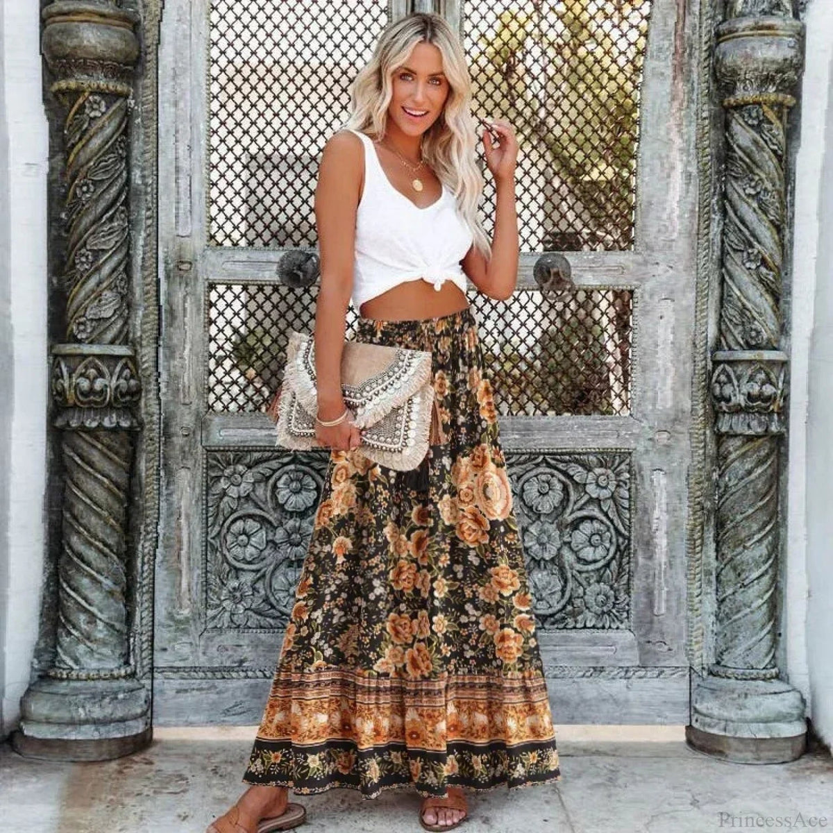 Black Print Pleated Skirt Elastic Waist A-line Rayon Maxi