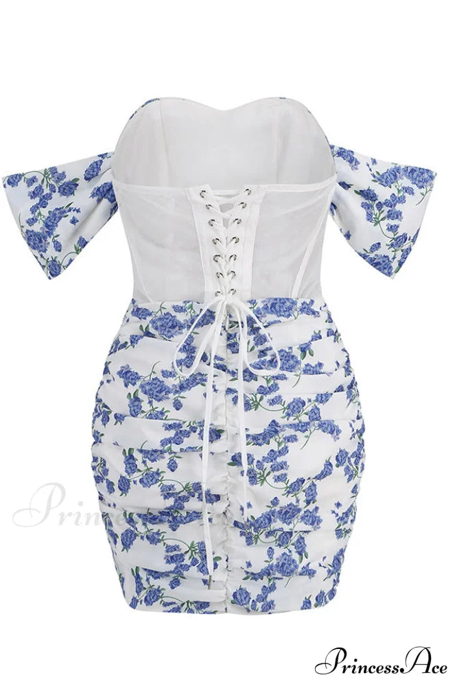 Blue Print Ruched Charming Mini Dress