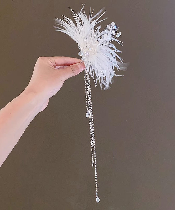 White Alloy Feather Pearl Sequins Tassel Hairpin