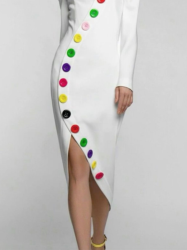 Long Sleeves Buttoned Contrast Color High Neck Midi Dresses
