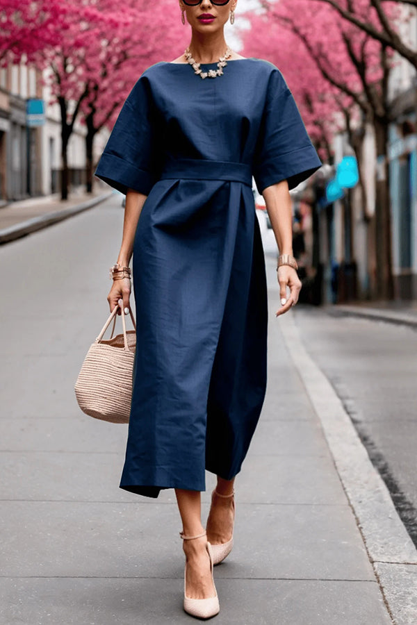 Color Round Neck Half Sleeve Waist Midi Dress