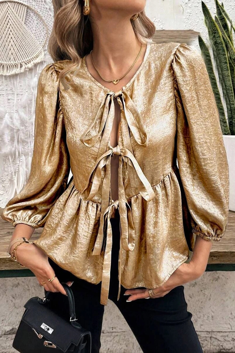 Gold Color Bowknot Front Puff Sleeve Blouse