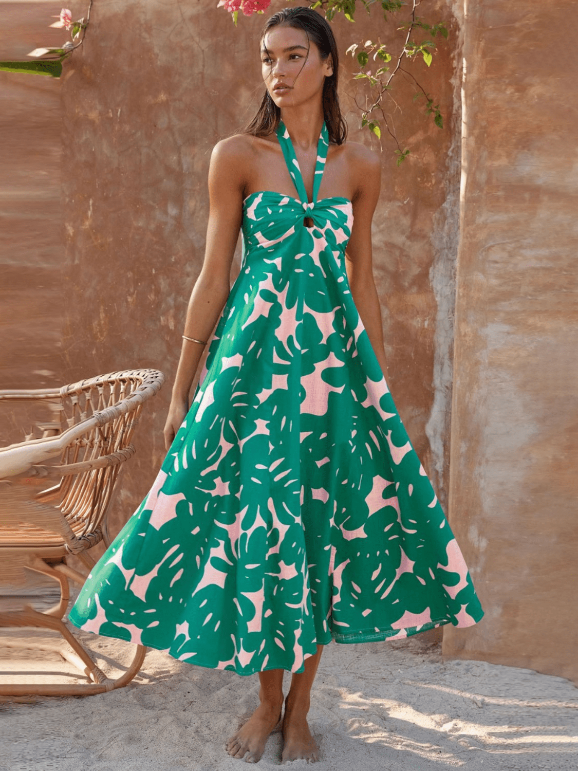 Loral Print Halter Maxi Dress-green