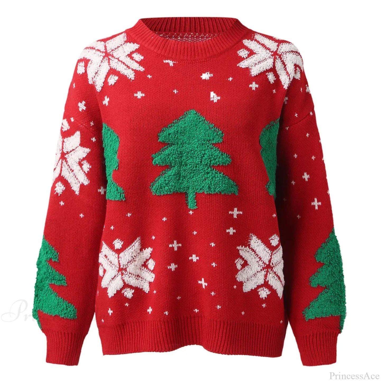Christmas Tree Print Round Neck Long Sleeve Warm Knitwear Christmas Sweater