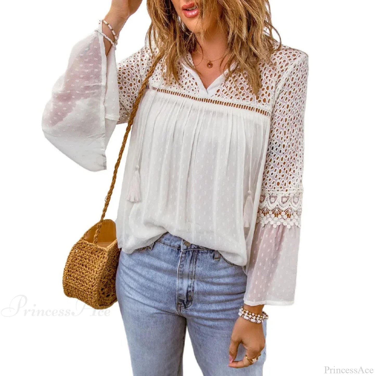 Cotton Embroidery Tassel Splicing Chiffon Blouse