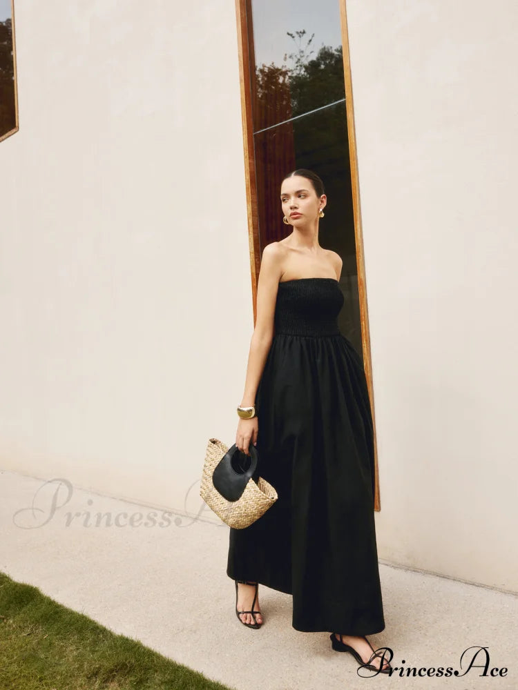Cotton & Linen Pleat Strapless Long Dress