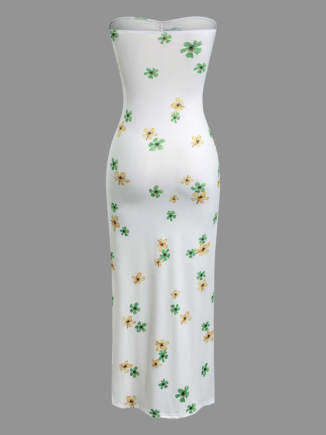 Print Ruched Slit Strapless Maxi Dress