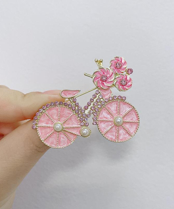 Pink Alloy Zircon Pearl Bicycle Brooches