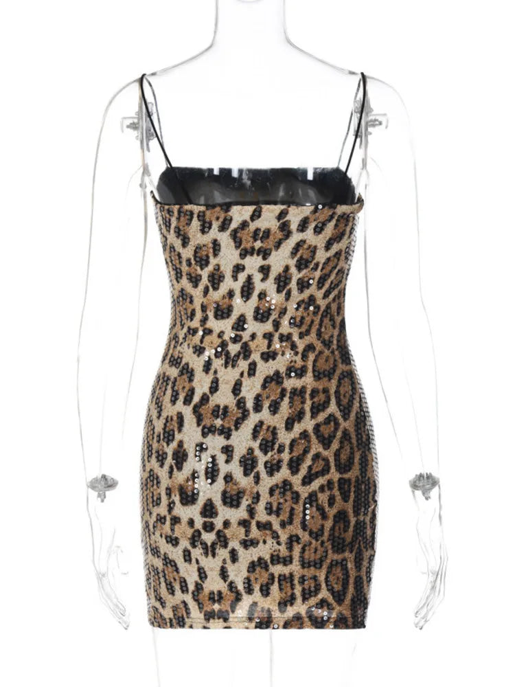 Spaghetti Strap Leopard Print Mini Dress for New Sleeveless Backless Skinny Night Club Party Dress