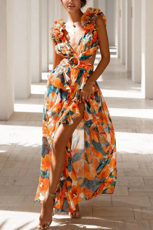 Lost in the Melody Chiffon Printed Flutter Sleeve Cutout Back Lace-up Maxi Dress