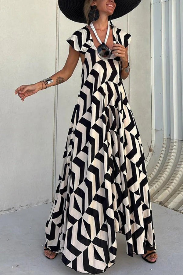 Fresh Breeze Unique Print Ruffle Sleeve A-line Maxi Dress