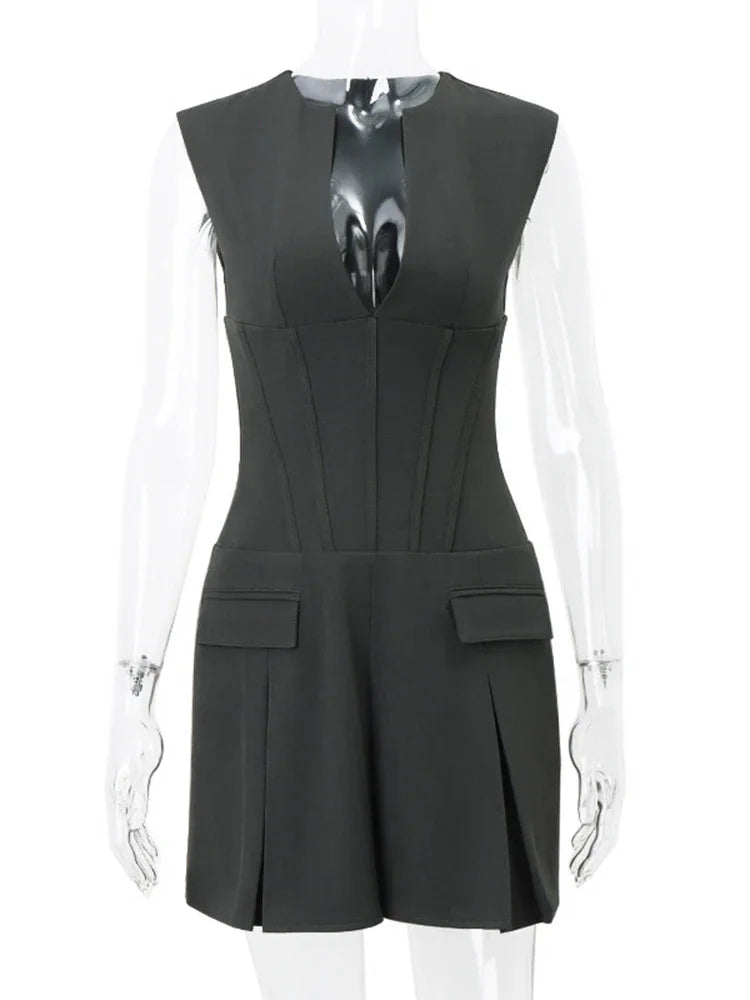 Patchwork Sleeveless V-neck Mini Dress – Pocket Slim High Waist Dress for Summer