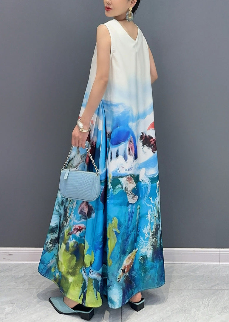 Blue V Neck Print Long Dress Sleeveless Ao1053