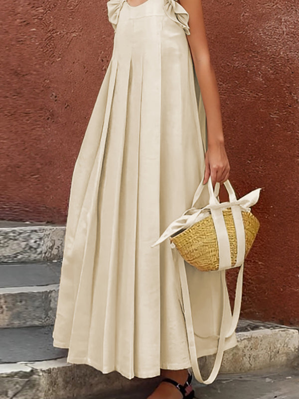 A-line Loose Pleated Ruffle Trim Split-joint Square-neck Maxi Dresses