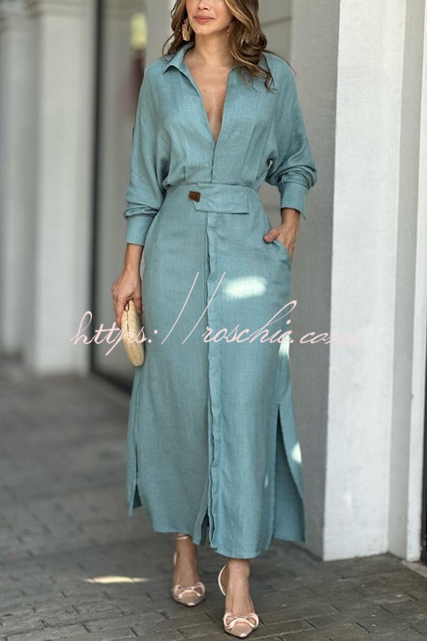 Know Your Worth Linen Blend Pocketed Slit Shirt Midi Dress