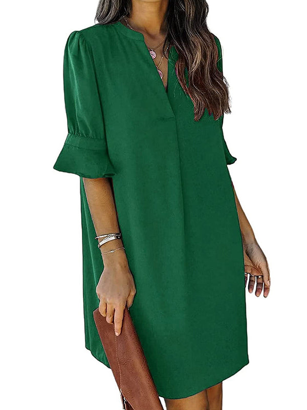 A-line Flared Sleeves Pleated Ruffled Color Split-joint V-neck Mini Dresses