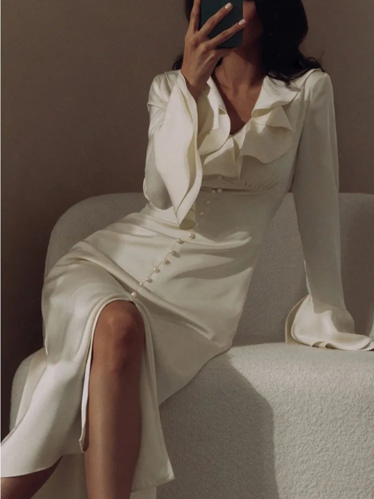 Ruffle V Neck Dress for Slim Long Sleeve High Waist Temperament Dresses Femme Party Slit Long Dress Woman