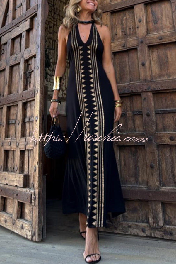 Meret Gold Geometric Print Halter Backless Stretch Maxi Dress