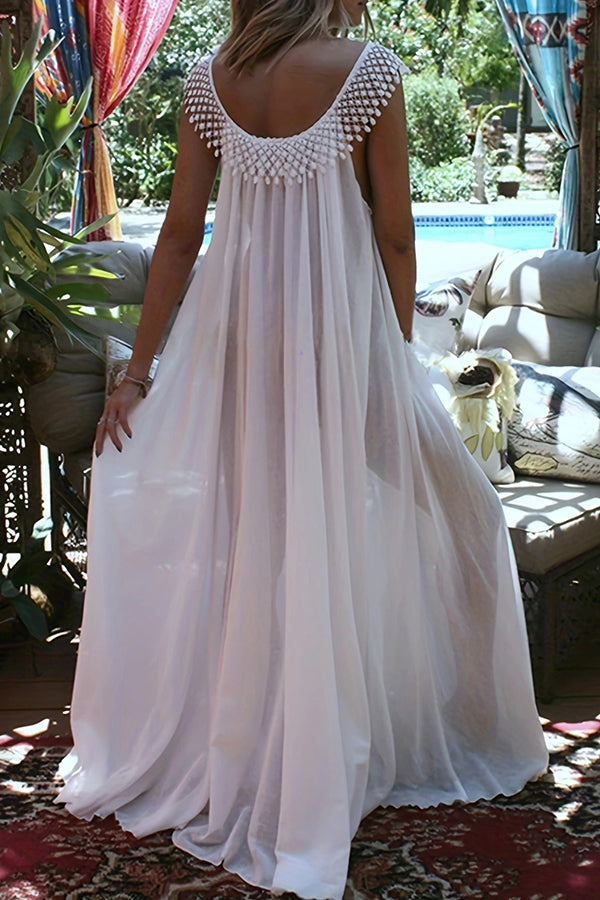 Color Tassel Round Neck Stitching Loose Maxi Dress