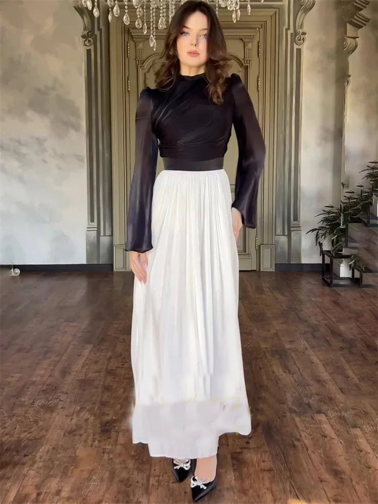 Pleated Dress Mesh Patchwork Bandage Tiered Slim High Street See-through Contrast Autumn New Maxi Dress